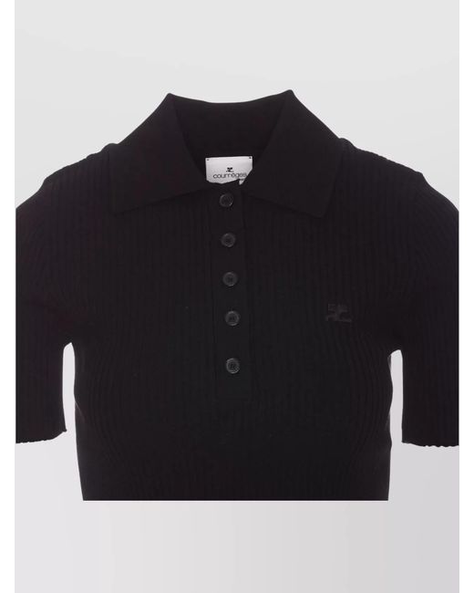 Courreges Black Ribbed Knit Short Sleeve Polo Top