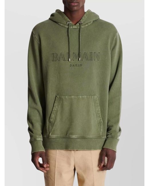 Balmain Green Organic Cotton Embroidered Hoodie for men
