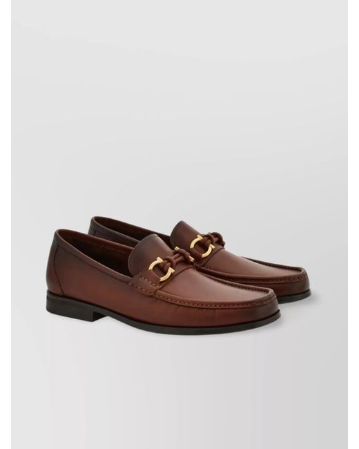 Ferragamo Brown Alain Leather Loafers-Tone Hardware Round Toe for men