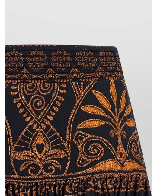 Farm Rio Brown High Waist Skirt Floral Embroidery Ruffled Hem