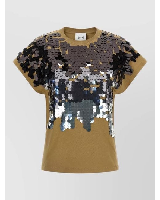 Nude Multicolor Sequin Detail T Shirt Round Neck Back Slit