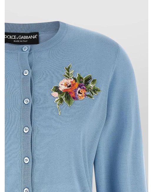 Dolce & Gabbana Blue Cardigan Floral Embroidery Crew Neck Knit