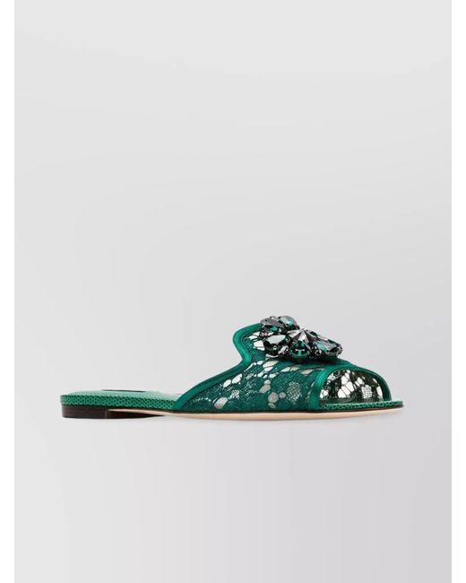 Dolce & Gabbana Green Crystal Embellished Lace Flat Sandals
