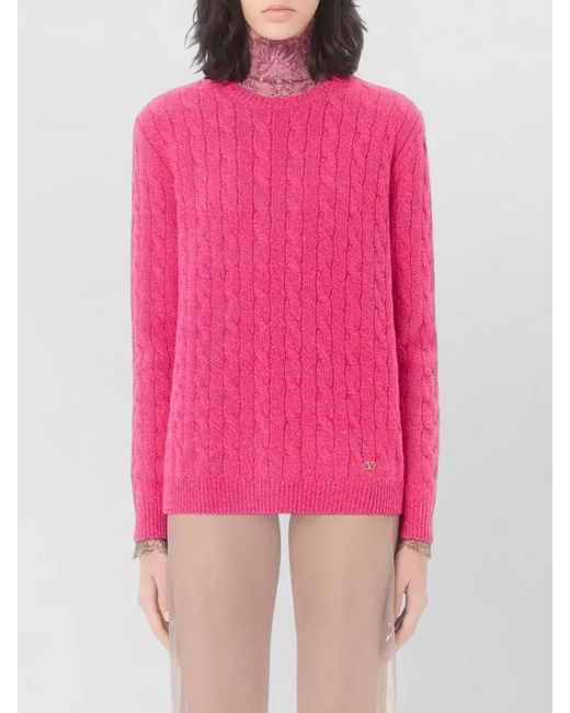 Valentino Garavani Pink Virgin Wool Cable Knit Crew Neck Sweater