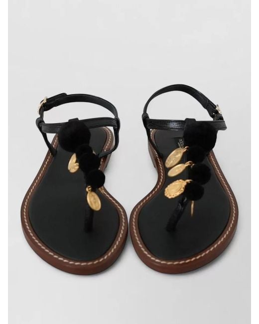 Dolce & Gabbana Black Leather Flip Flops Sandals Shoes Coins