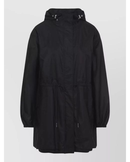 Moncler Blue Long Hooded Coat Elastic Cuffs Drawstring Waist
