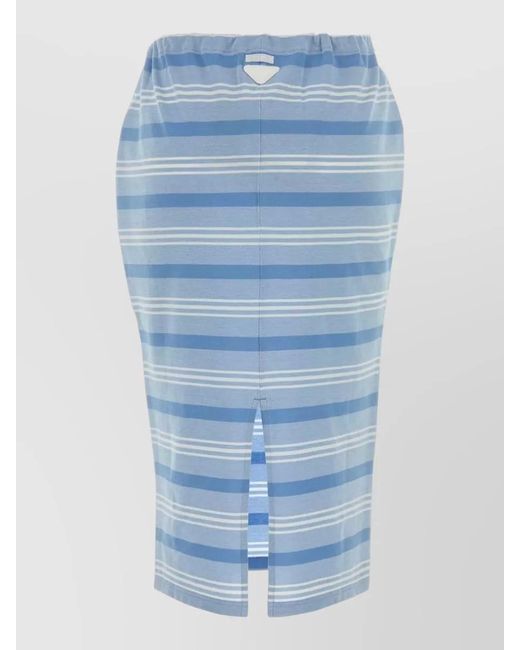 Prada Blue Embroidered Piquet Midi Skirt Striped Waistband