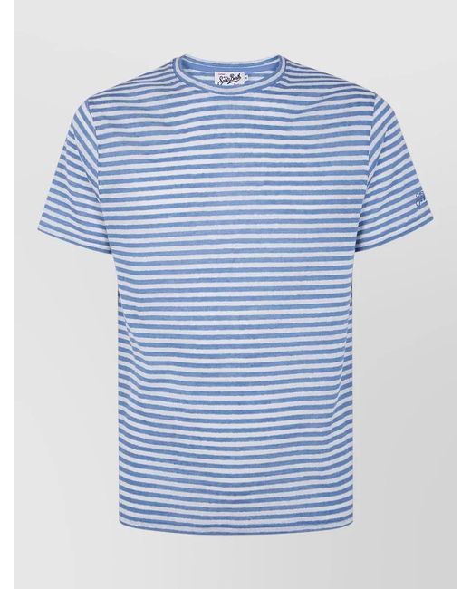 Mc2 Saint Barth Blue Linen Crew Neck Striped Short Sleeves T Shirt for men