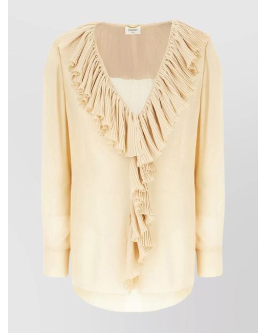 Saint Laurent Natural Silk Ruffled V-Neck Long-Sleeve Blouse