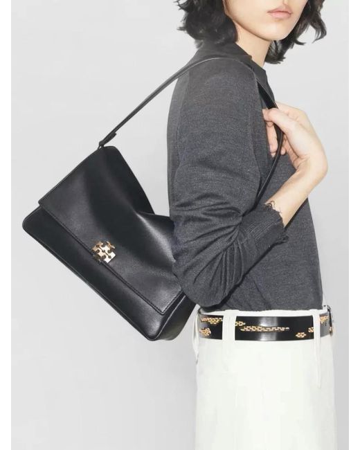 Tory Burch Black Charlie Medium Leather Shoulder Flap Bag