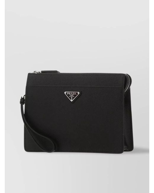 Prada Black Clutch Bag Leather Detachable Wrist Handle for men