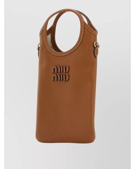 Miu Miu Brown Leather Phone Case Top Handle Detail