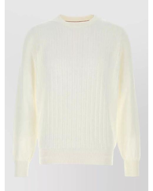 Brunello Cucinelli White Cotton Crew Neck Sweater Ribbed Texture for men