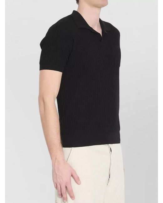 Roberto Collina Black Rib Knit Polo Shirt Chest Pocket for men