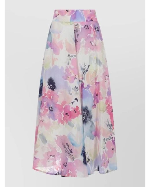 120% Lino Pink Maxi Linen Skirt High Waist Floral