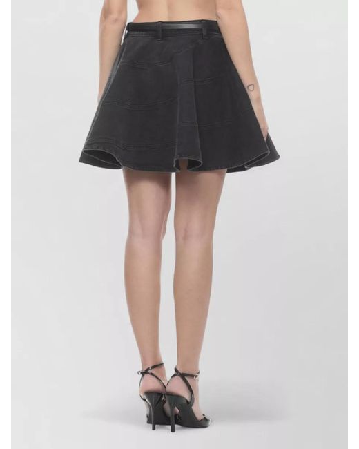 Self-Portrait Black Denim Skirt Asymmetric Hem Belted Waist