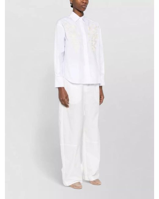 ERMANNO FIRENZE White Cotton Shirt Embroidered Collared Neck Long Sleeves
