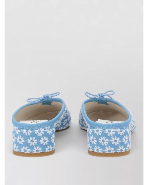 Repetto Blue Slippers Round Toe Flat Sole Floral Bow