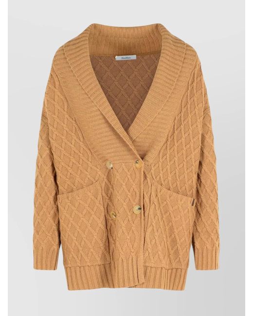 Max Mara Women's Brown Double-Breasted Knit Cardigan Pockets