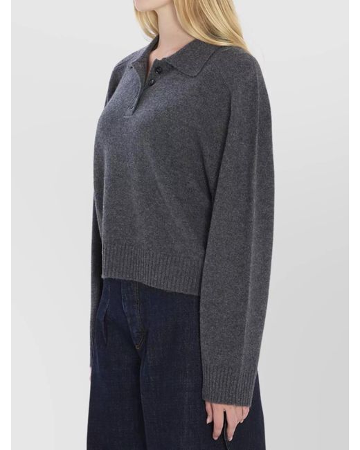 Loulou de Saison Gray Cashmere Ribbed Cropped Relaxed-Fit Long-Sleeve Polo Shirt
