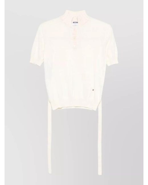 Moschino White Knit Top Crewneck Waist Tie Straps
