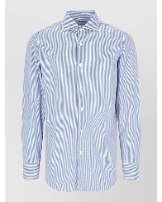 Finamore 1925 Blue Button Down Collar Striped Long Sleeve Shirt for men