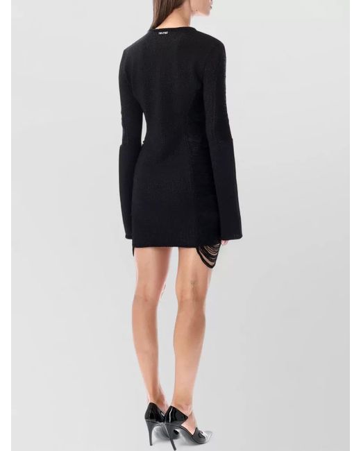 The Attico Black Long Sleeve Fringe Backless Viscose Dress