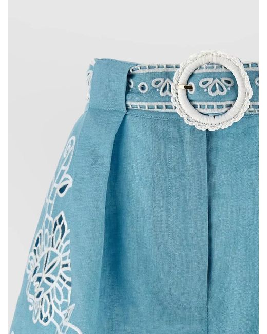 Farm Rio Blue Richelieu Shorts Belted Waist Embroidered Pleated