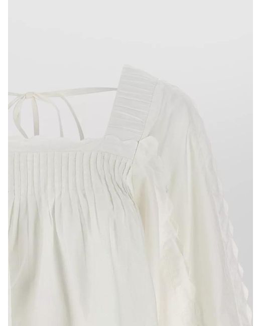 Farm Rio White Cotton Blouse Square Neckline Ruffle Long Sleeves