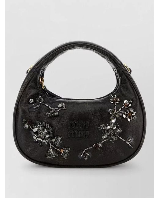 Miu Miu Black Nappa Leather Handbag Floral Embellished Handle