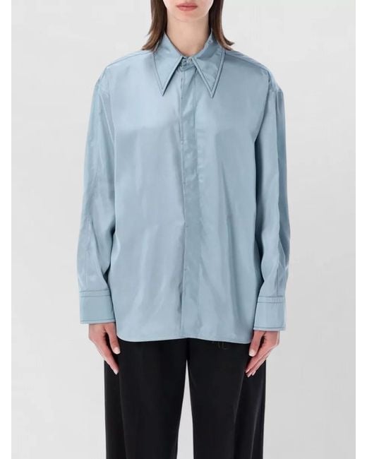 Bottega Veneta Blue Satin Shirt Jacket Long Sleeves Collar
