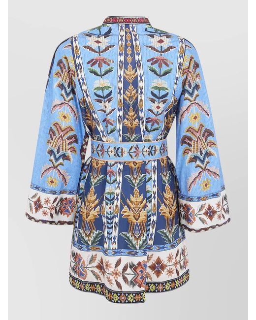Farm Rio Blue Tapestry Mini Dress Belted Waist Embroidery