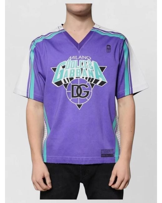 Dolce & Gabbana Purple Logo Jersey Cotton V Neck T Shirt for men