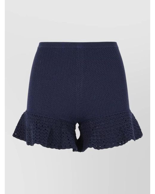 Self-Portrait Blue Viscose Blend Shorts Elastic Waist Ruffled Hem