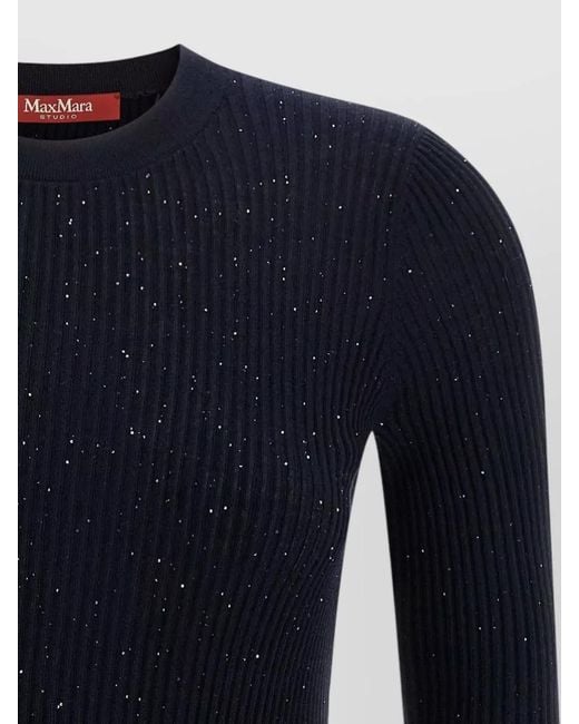 Max Mara Blue Silk Wool Ribbed Knit Long-Sleeve Sweater