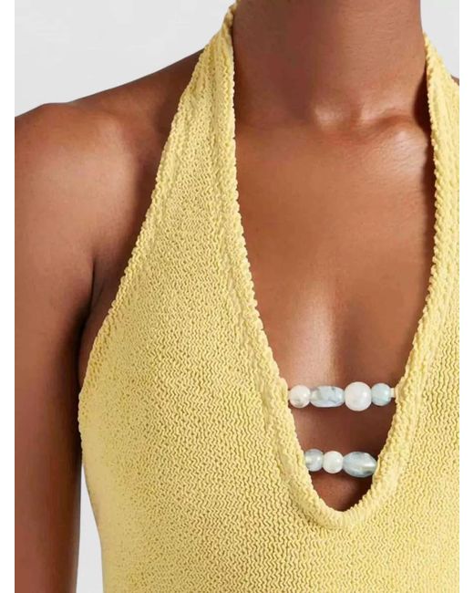 Hunza G Yellow Adriana Beaded Halterneck Crinkle Swimsuit