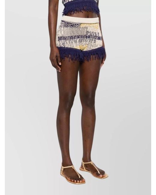 Sportmax Blue Cotton Patterned Intarsia Knit Mid-Rise Shorts