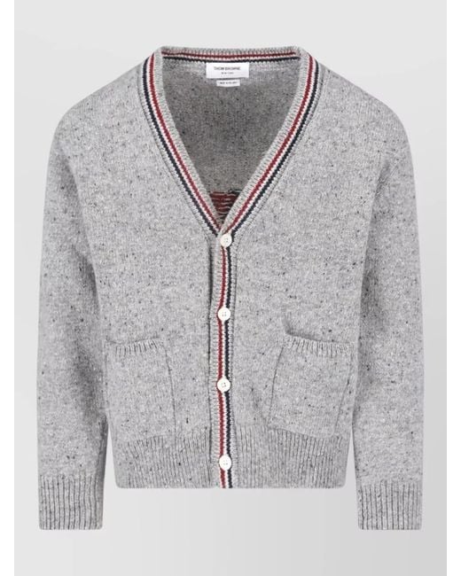 Thom Browne Gray Wool Mohair V-Neck Ribbed Cardigan for men