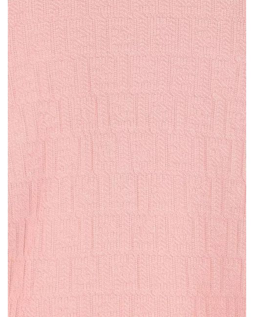 Fendi Pink Silk Blend Ribbed Short-Sleeve Crewneck Knitted Top