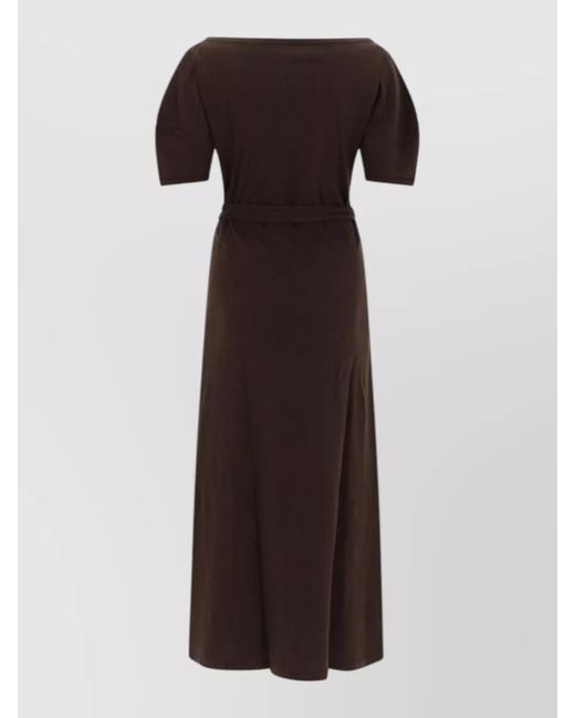 Lemaire Brown Cotton And Linen Fitted Boat Neck Short Sleeve Belted Midi Dress