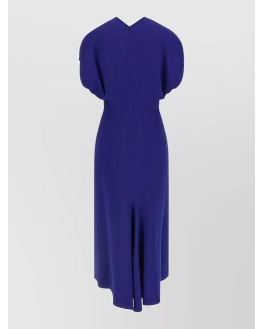 Victoria Beckham Blue Edith Midi Dress Puff Sleeves V Neckline