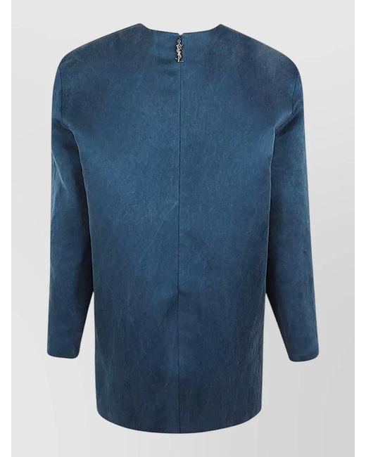 Saint Laurent Blue Silk Long-Sleeve Mini Dress