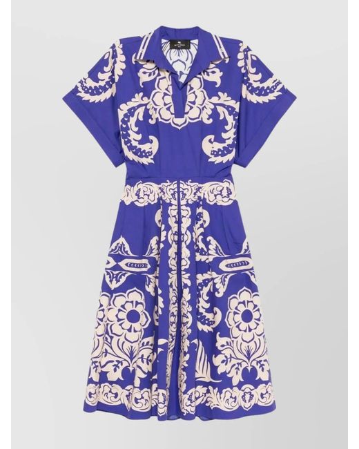 Etro Blue Cotton Flared Midi Dress