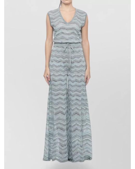 D.exterior Blue Lurex Chevron Sleeveless Jumpsuit Waist Tie