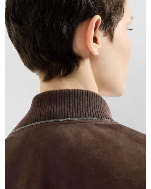 Brunello Cucinelli Brown Crewneck Jacket Long Sleeves Suede Finish
