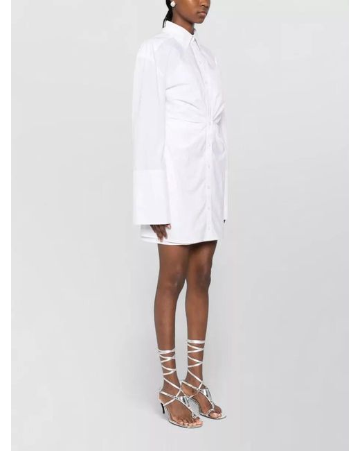 ROTATE BIRGER CHRISTENSEN White Cotton Gathered Knotted Shirt Mini Dress