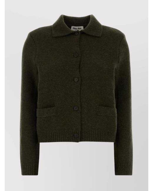 Miu Miu Green Wool Cardigan With Collared Design And Pockets