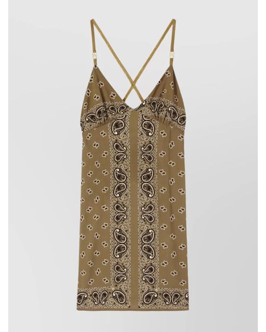 Palm Angels Natural Paisley-Print V-Neck Thigh-Length Slip Dress