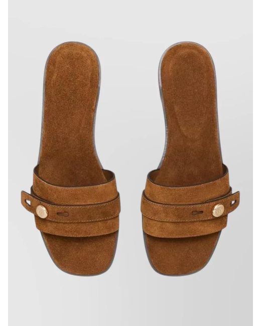 Tory Burch Brown Romy Suede Slide Sandal Button Strap