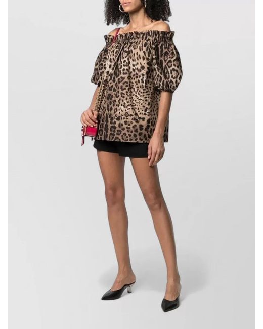 Dolce & Gabbana Brown Leopard-Print Cotton Short-Sleeve Blouse